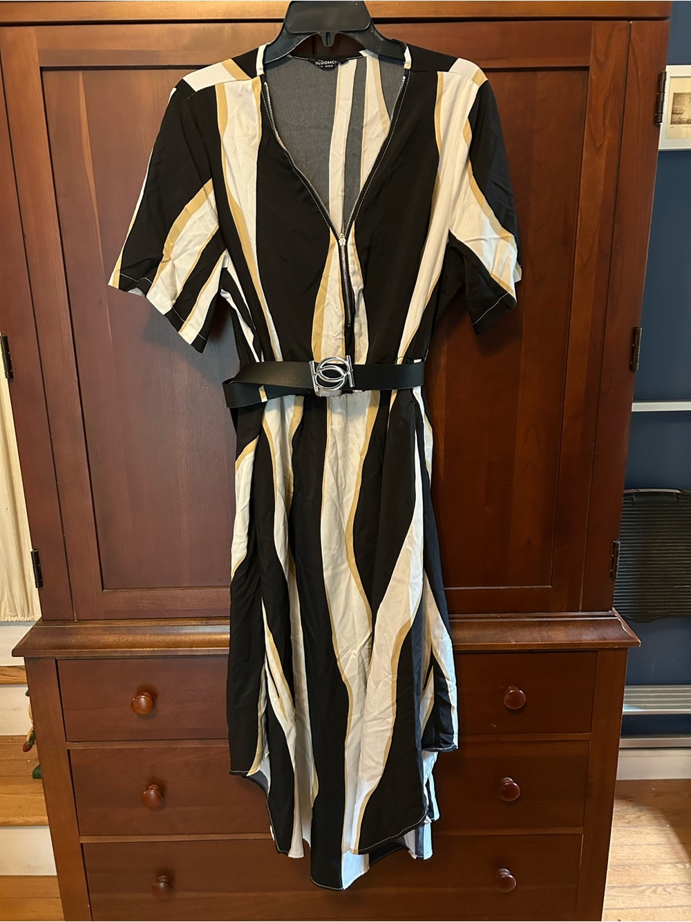 Bloomchic Black and Cream Striped Short Sleeve Midi Dress with Belt